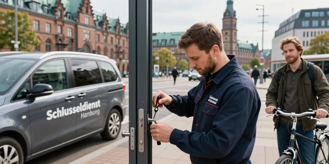 Professioneller Schlüsseldienst Hamburg öffnet Tür mit modernem Werkzeug für zufriedenen Kunden.