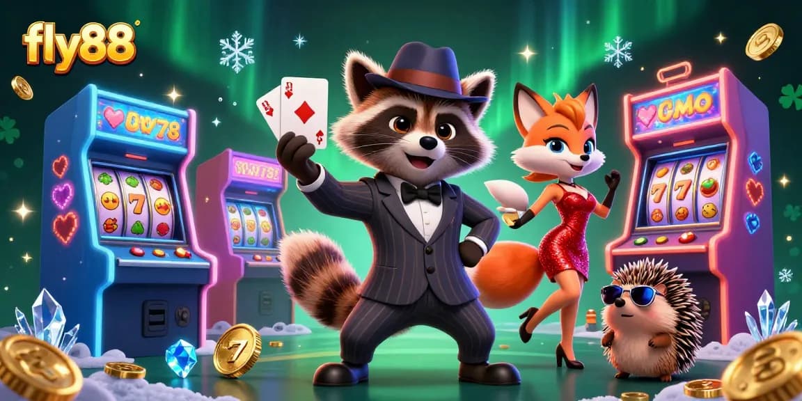 Experience thrilling gaming action at fly88 with a dynamic 3D scene featuring classic casino characters.