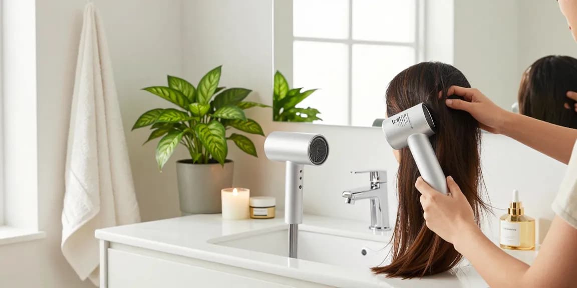 Laifen-Föhn in stilvollem Badezimmer, Benutzer trocknet sanft Haare für gesundes Styling.