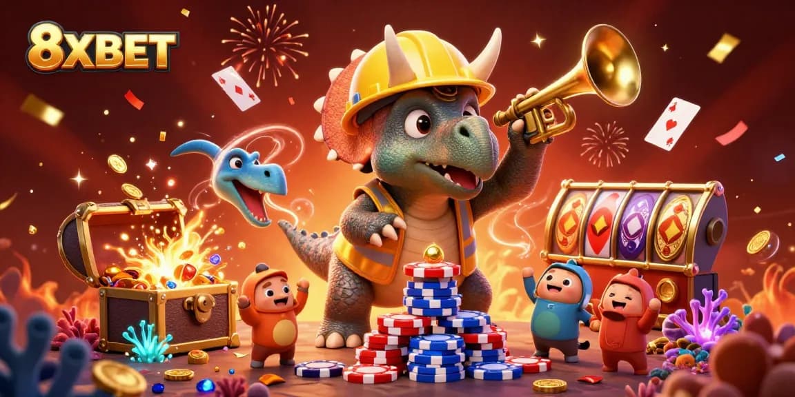 Celebrate and win with 8XBET while enjoying a vibrant casino-themed illustration