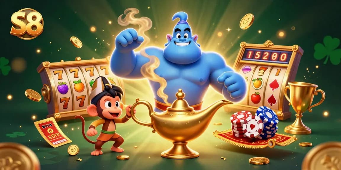 S8 engages players with vibrant slot reels and treasures, showcased in an immersive fantasy realm.