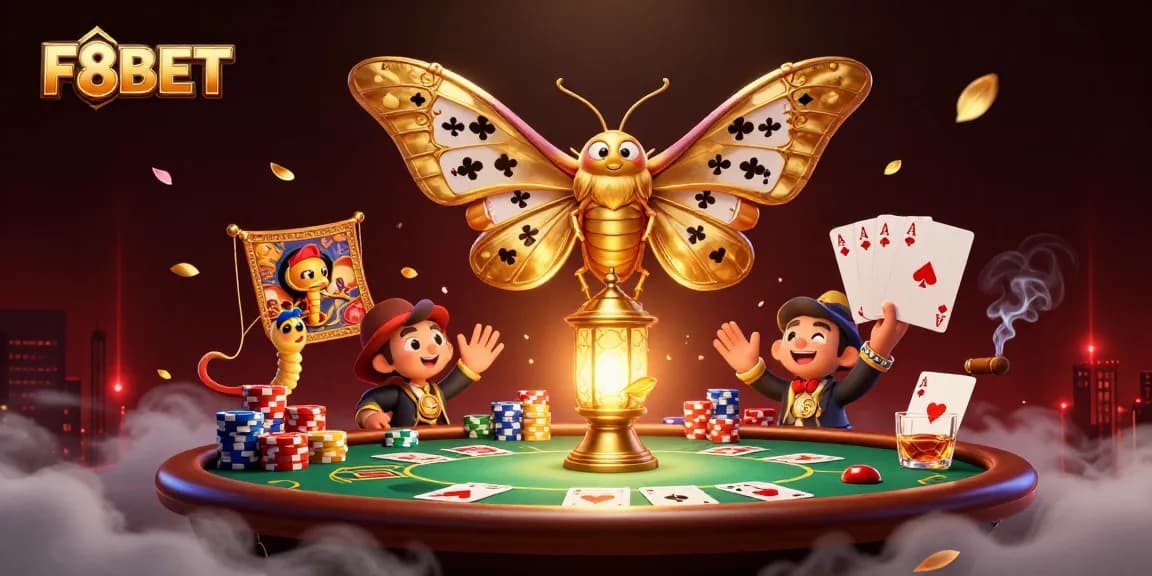 Spin and win at F8BET Casino with rich casino scenes illuminated by a majestic moth.