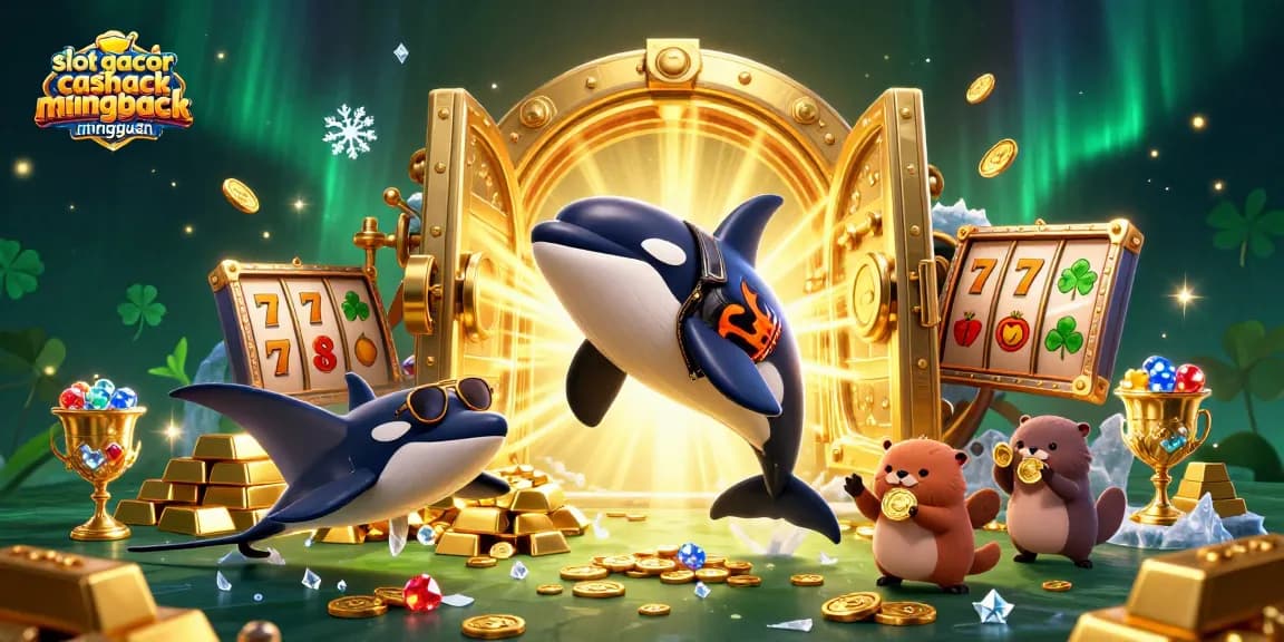 Experience slot gacor games cashback mingguan with dynamic characters, treasures, and winning symbols in a vibrant casino scene.