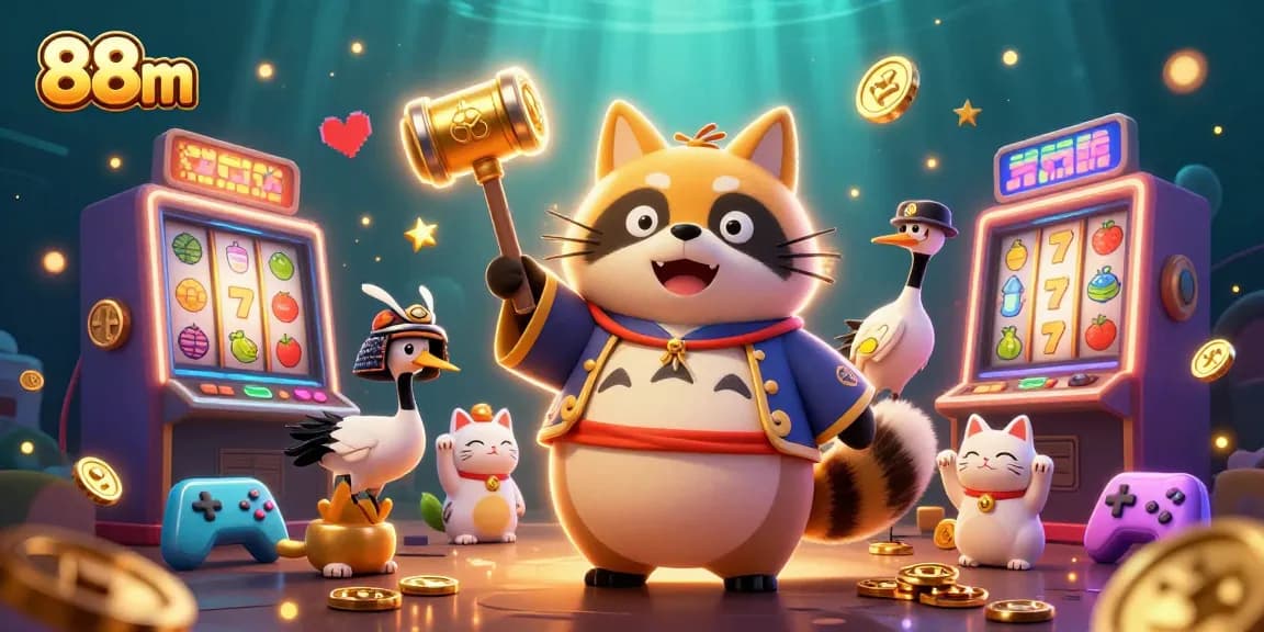 Spin the slots at 88m with joyful tanuki and maneki-neko in a vibrant casino scene