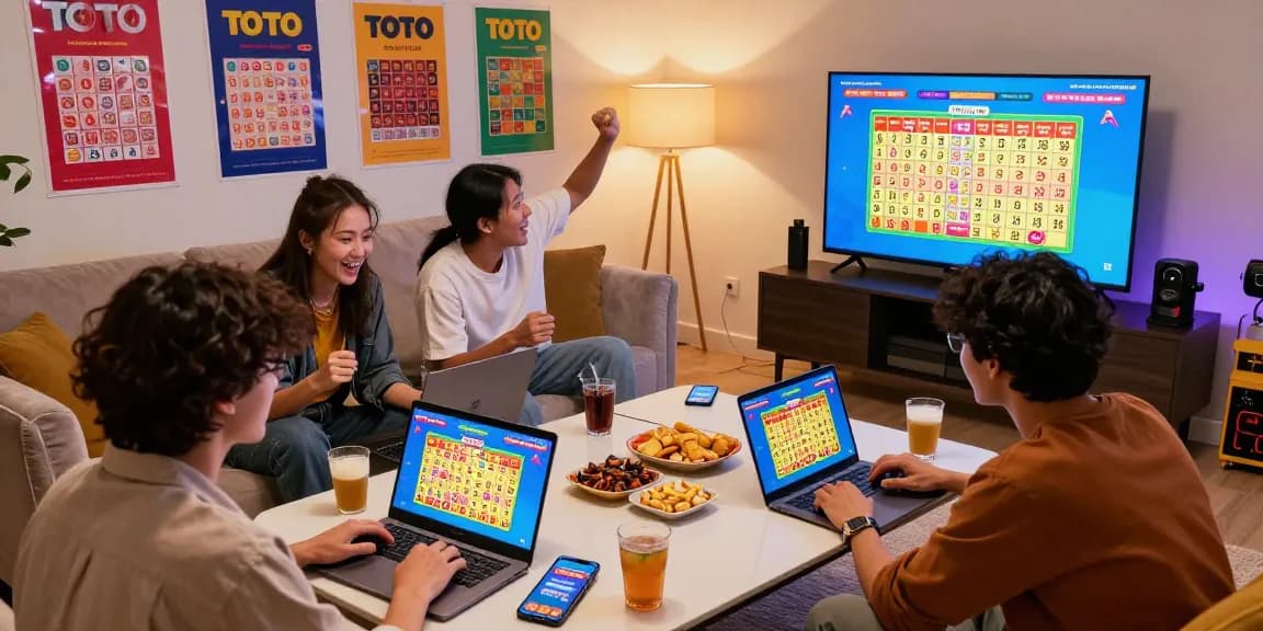 Permainan Toto dengan teman-teman menggunakan laptop dan smartphone, suasana menyenangkan di ruang tamu.