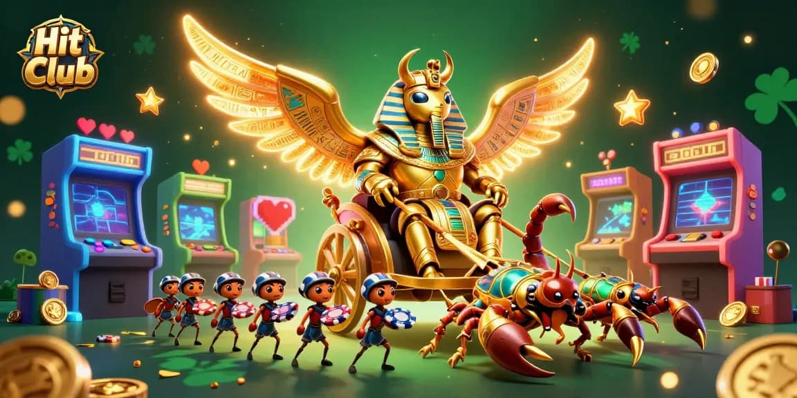 Experience thrilling gameplay at Hit Club with vibrant characters, colorful arcade machines, and poker chip-bearing ant soldiers.