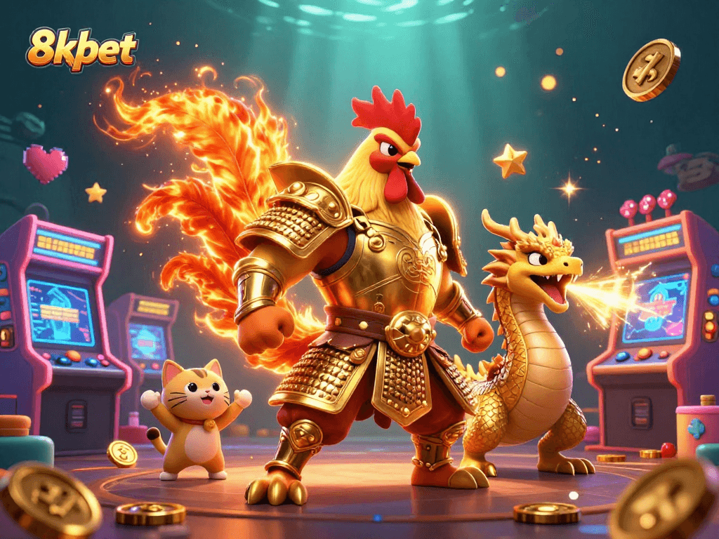 Engage with 8xbet’s immersive gaming experience, featuring dynamic characters and vibrant arcade elements.
