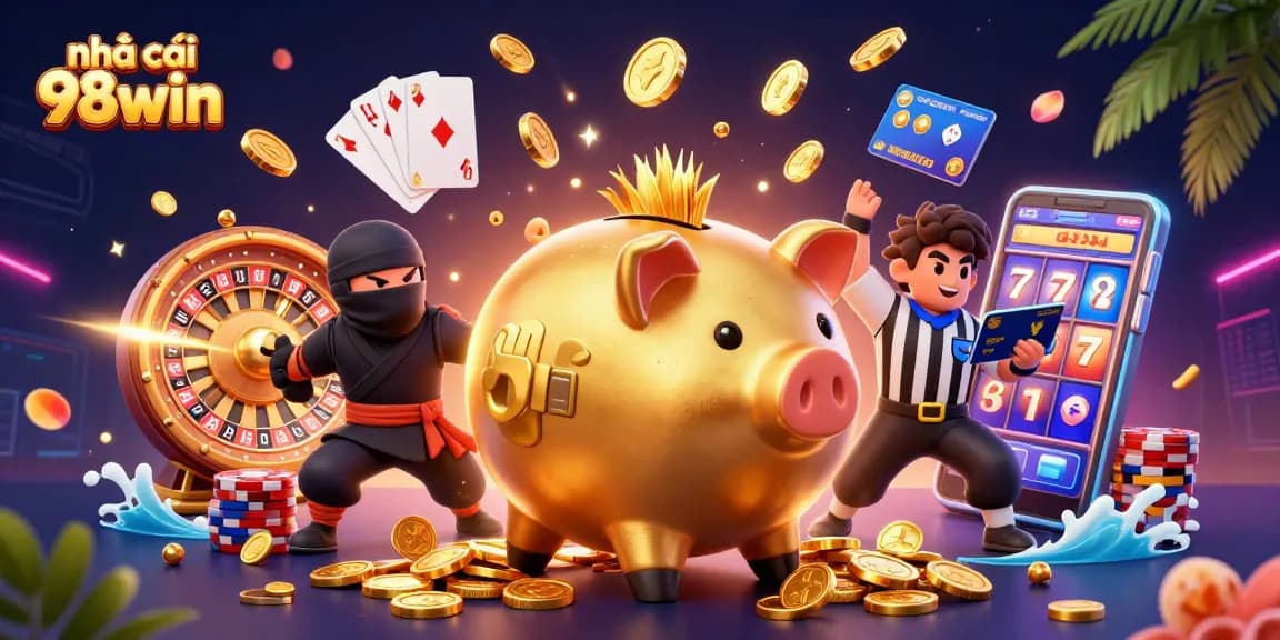 Experience the vibrant action of nhà cái 98win with exciting characters and casino elements in a dynamic scene.