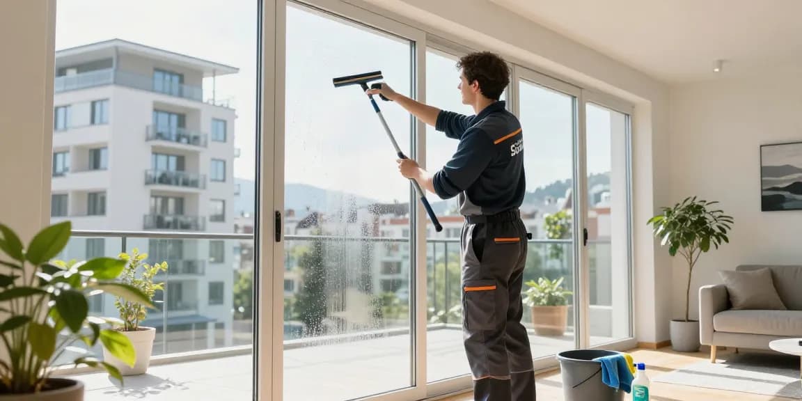 Professional window cleaning in Solothurn, showing expert using squeegee for a streak-free finish.