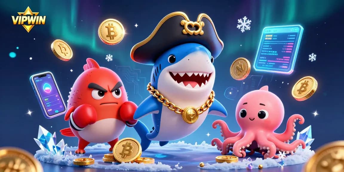 Engage with VIPWIN's exciting casino adventure featuring a playful pirate shark, a boxing pufferfish, and a treasure-holding octopus.