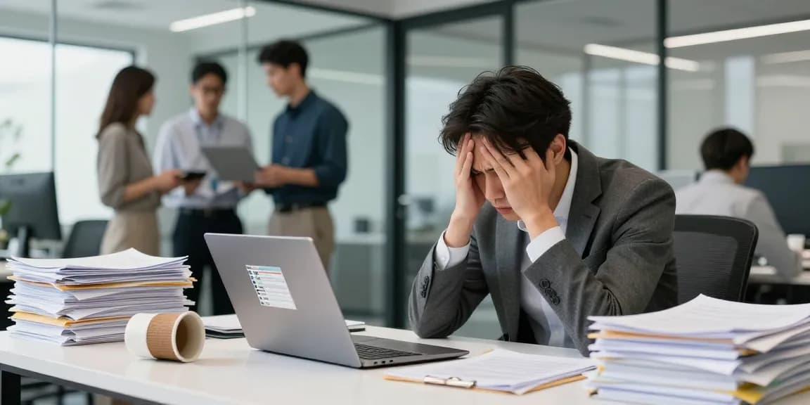 Stress mit Chef im modernen Büro zeigt überforderte Mitarbeiterin am Schreibtisch mit Laptop und Papierstapel