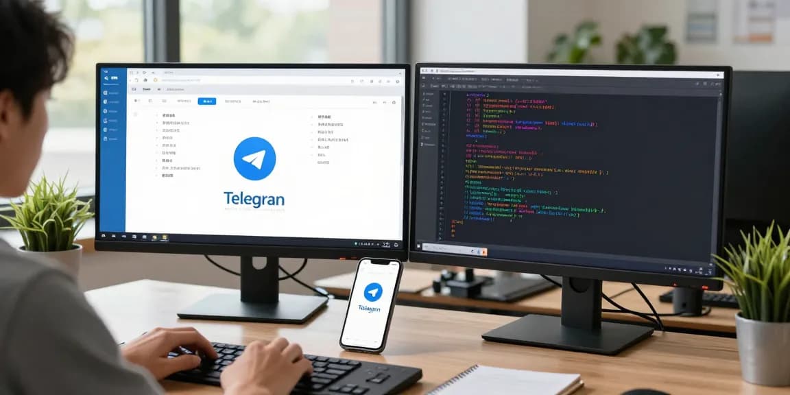 Telegram中文设置教程界面展示，用户在电脑和手机上进行操作。