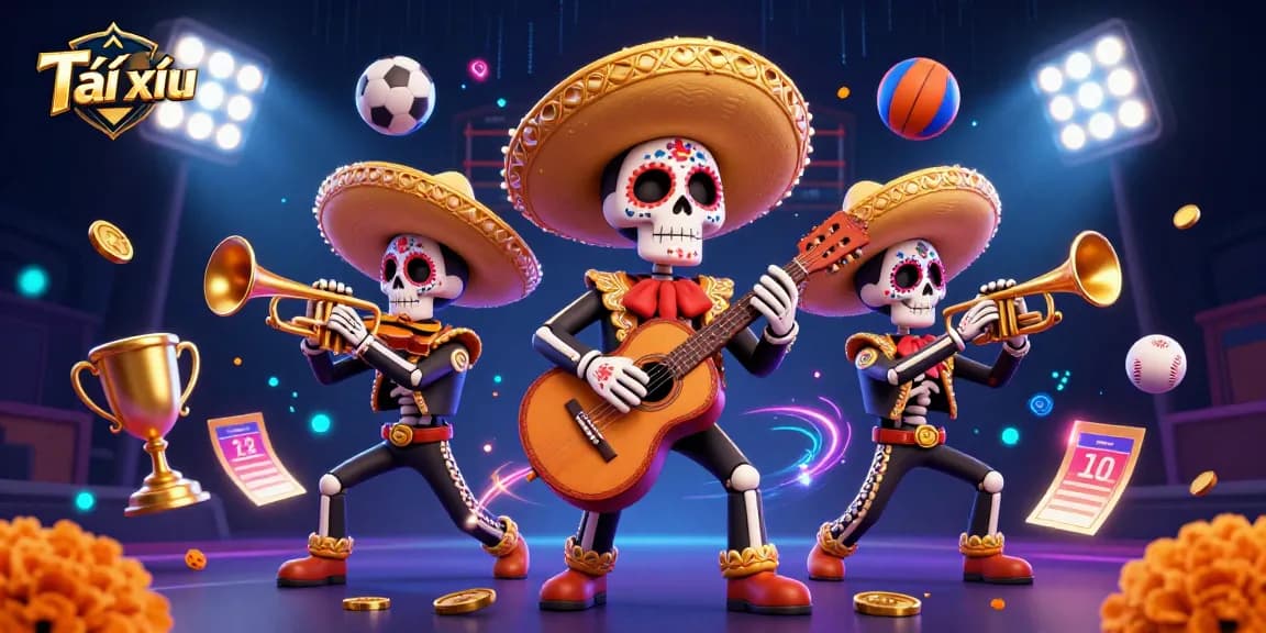 Engage in thrilling Tài xỉu action with detailed mariachis amidst vibrant casino elements.