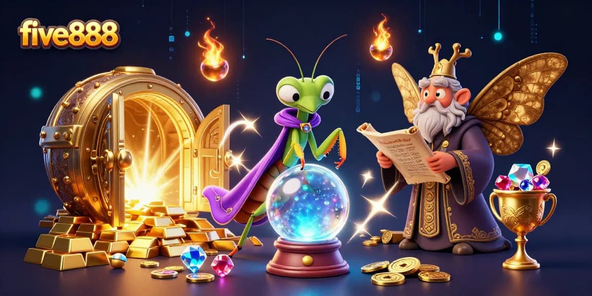 Engage with five888's mystical gaming experience featuring vibrant fortune teller and treasures.