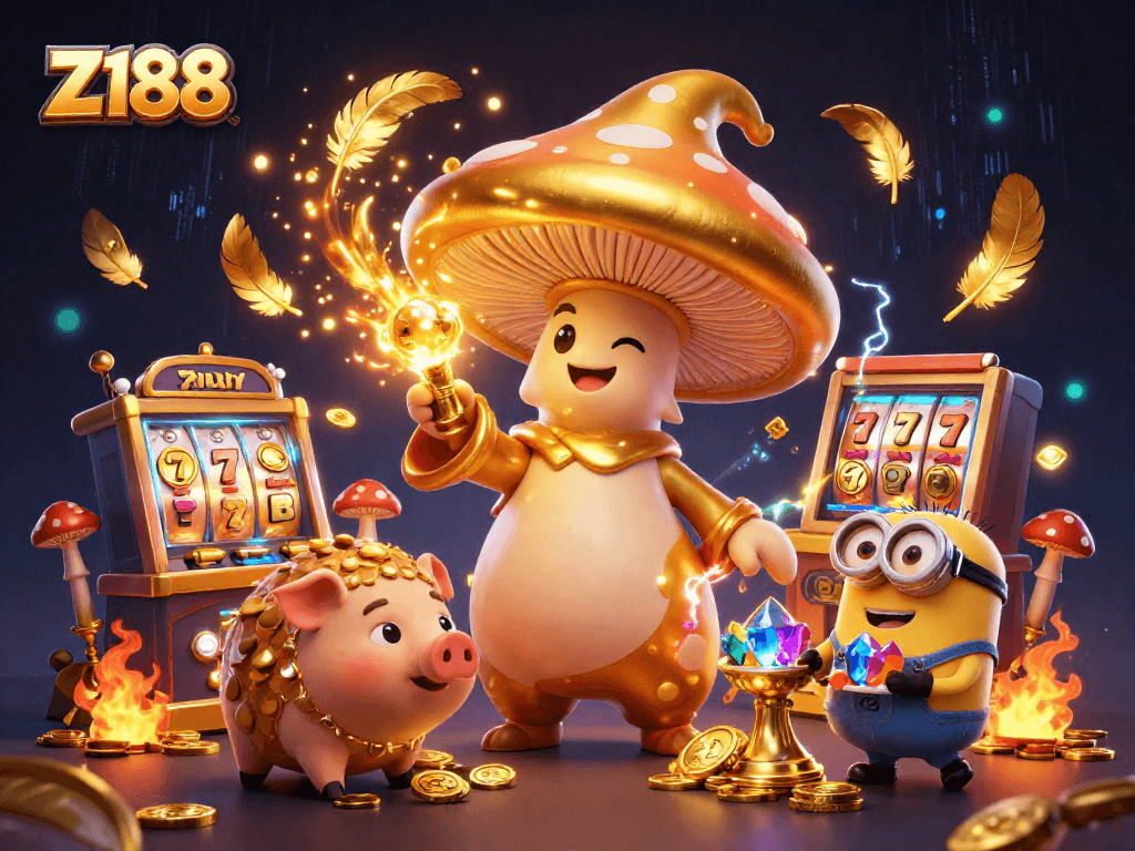 Z188 offers an immersive gaming experience with a golden mushroom wizard surrounded by dynamic slot game elements.