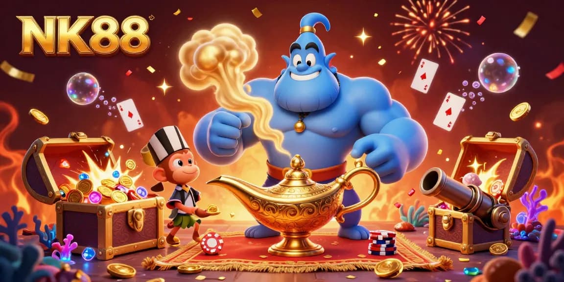 Witness NK88's vibrant casino world with a blue genie, poker chips, and floating treasures!