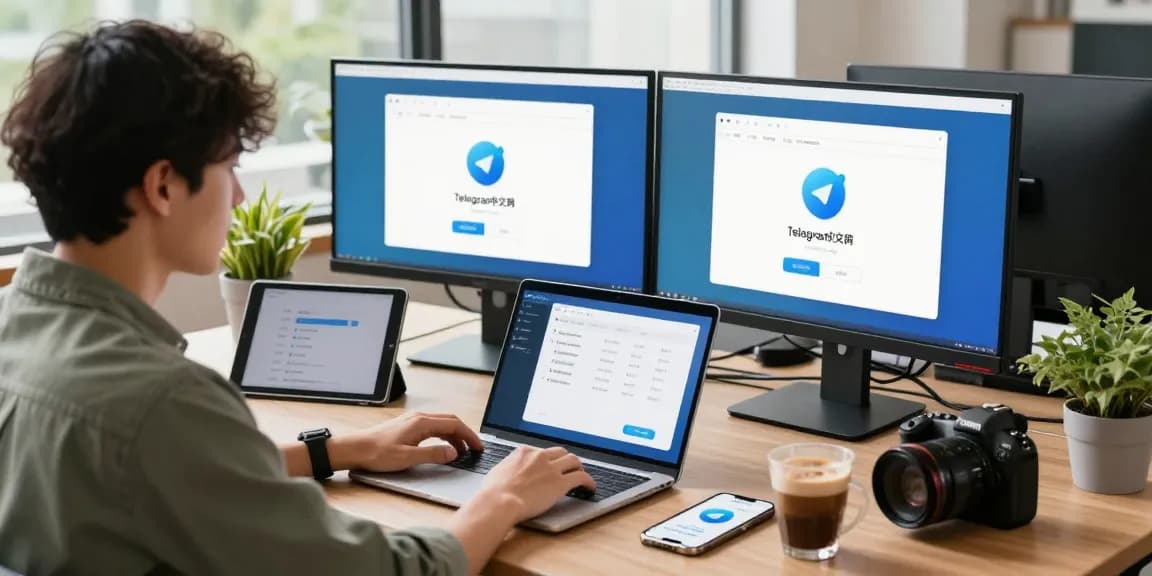 Setting up the Telegram中文 app in a modern workspace, showcasing user engagement with tech.