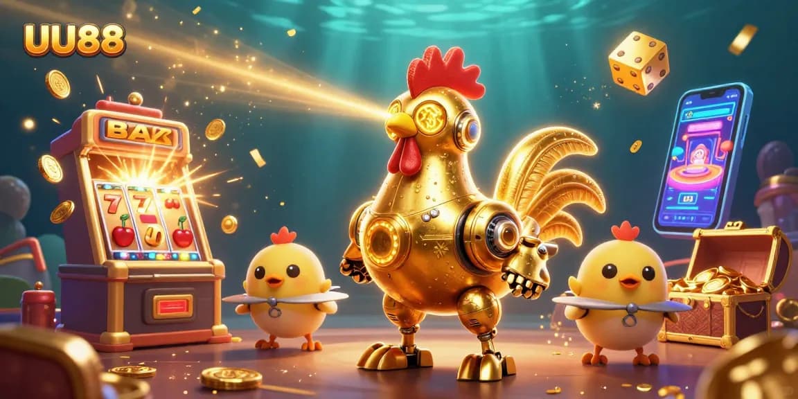 Experience the thrill of UU88 with a dynamic 3D casino scene featuring vibrant slots and jackpot excitement.