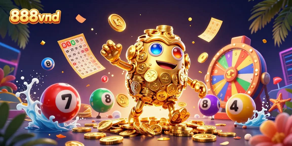 Experience thrilling games at 888vnd with a vibrant scene of animated lottery balls and a golden golem.