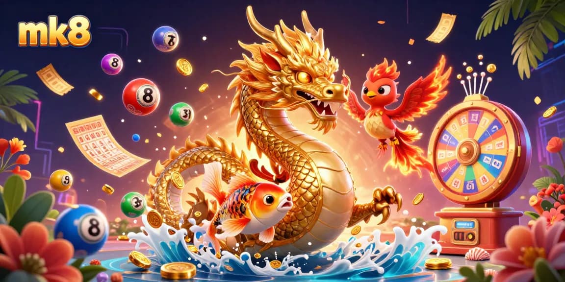 Engage in thrilling mk8 casino gameplay with a vibrant 3D illustration featuring a golden dragon and dynamic lottery elements.