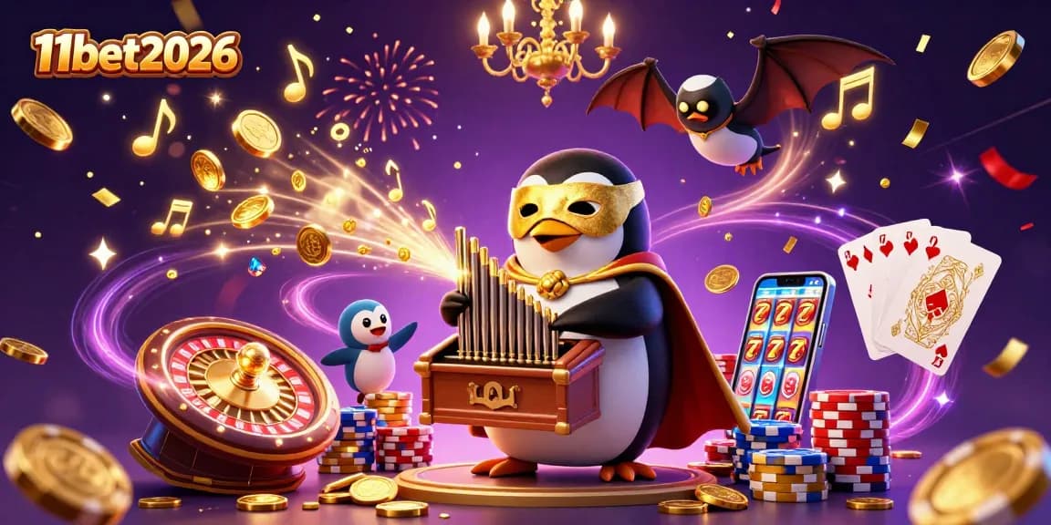 Experience the thrills of 11bet2026 with a cartoon penguin playing winning slots and spinning roulette.