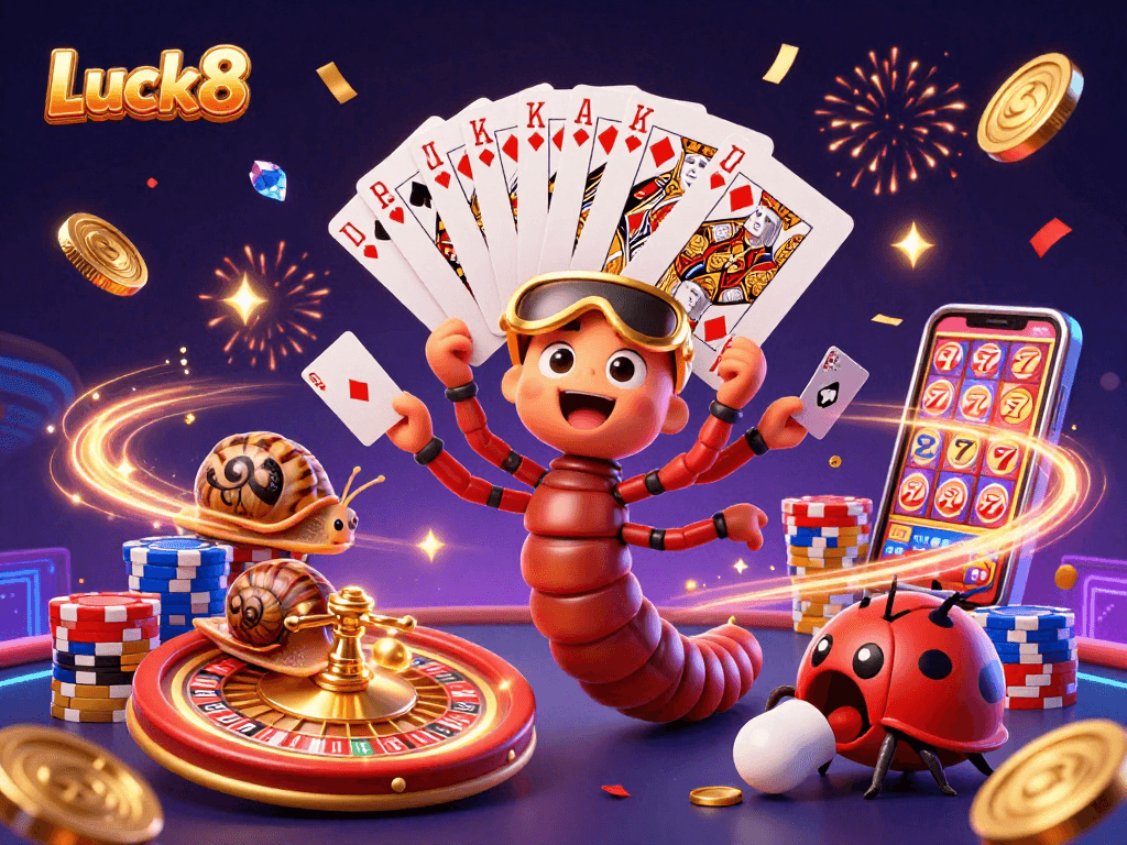Luck8's dealer entertains players with vibrant excitement and winning cards in a captivating casino scene.