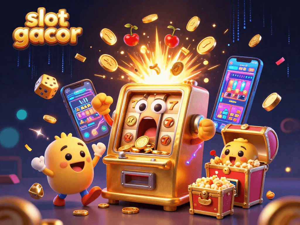 Engage with the thrilling slot gacor experience featuring a jubilant golden slot machine celebrating its jackpot with coins raining down.