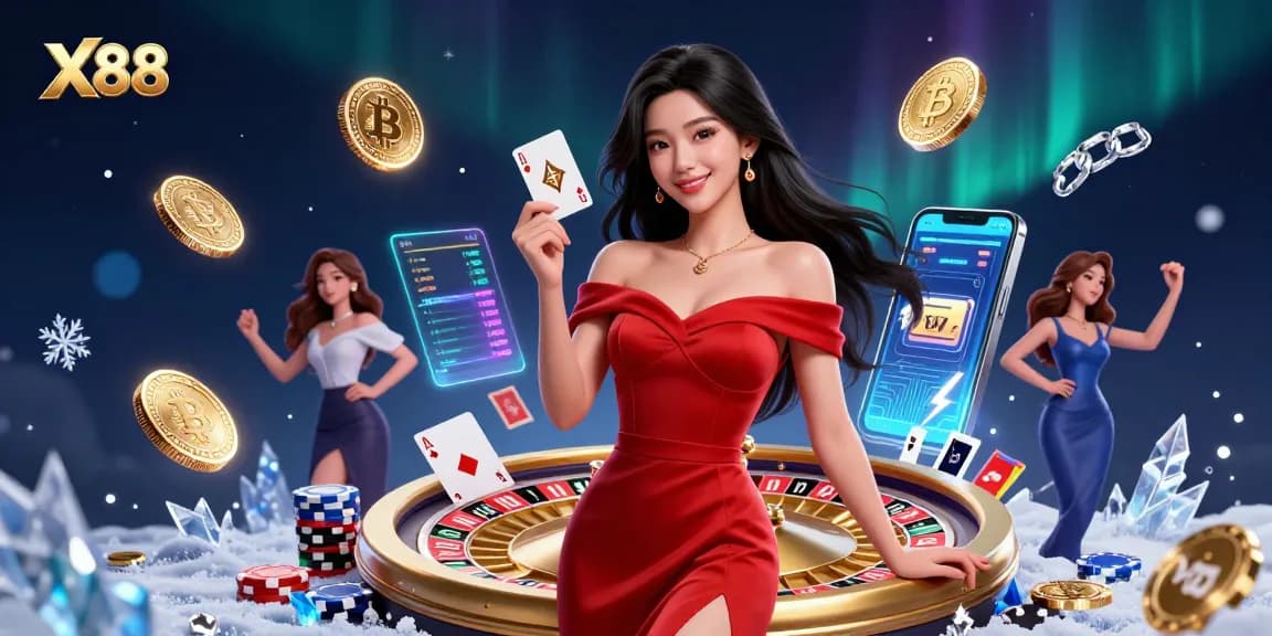 X88 casino experience with a beautiful woman elegantly holding a playing card near a golden roulette wheel.