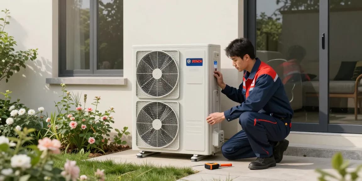 Installation of a wärmepumpe bosch in a modern home with a technician adjusting the unit
