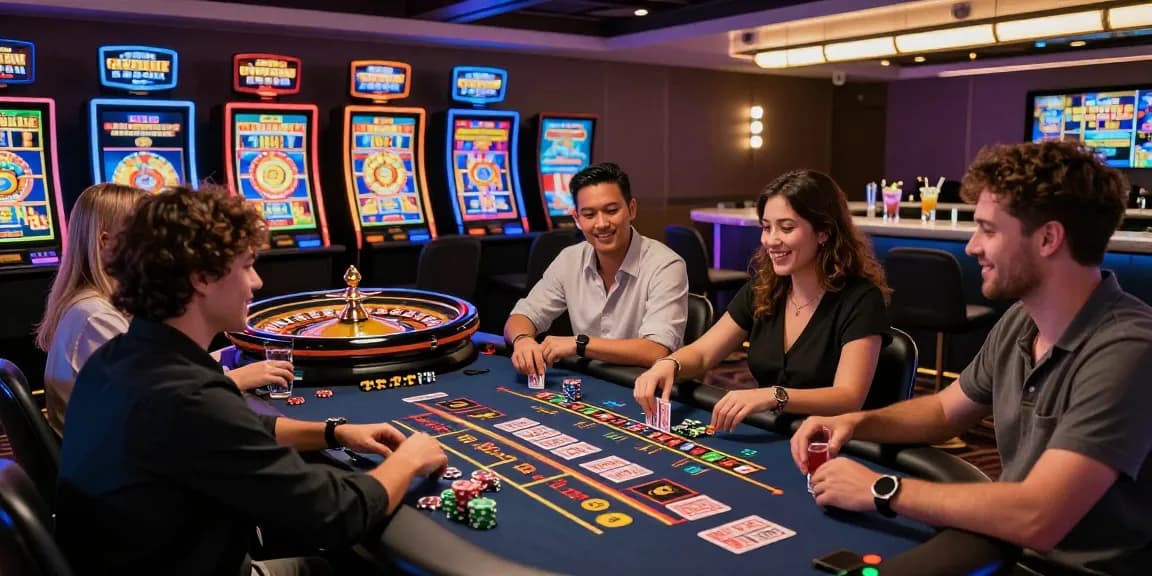 Spieler genießen ein aufregendes Erlebnis in einem Paysafe Card Casino und beteiligen sich an verschiedenen Spielen mit lebhaften Grafiken.