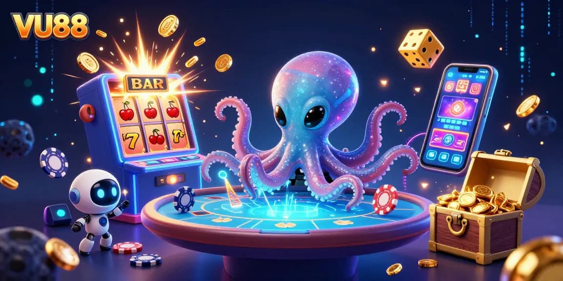 Experience thrilling gaming at VU88 with an alien octopus dealer at a holographic poker table surrounded by dynamic casino elements.