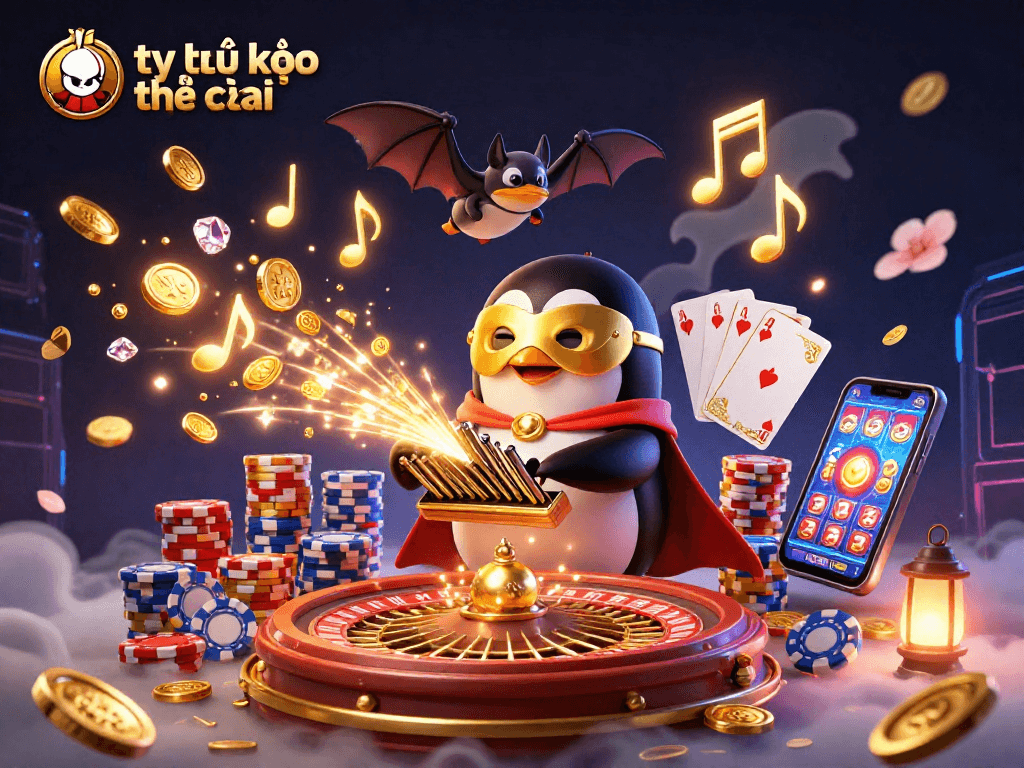 Capture tỷ lệ kèo nhà cái in an exciting casino scene with a golden penguin organist and dynamic elements.
