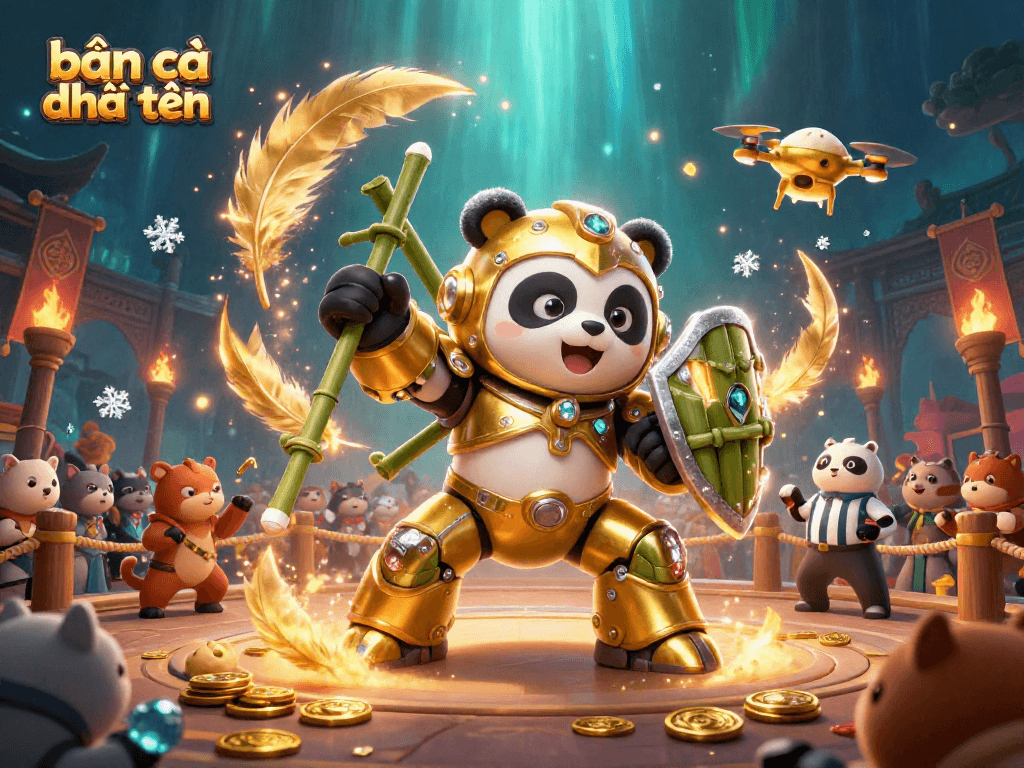 Experience thrilling bắn cá đổi thưởng action in a vibrant underwater arena, filled with dynamic characters and gold coins.
