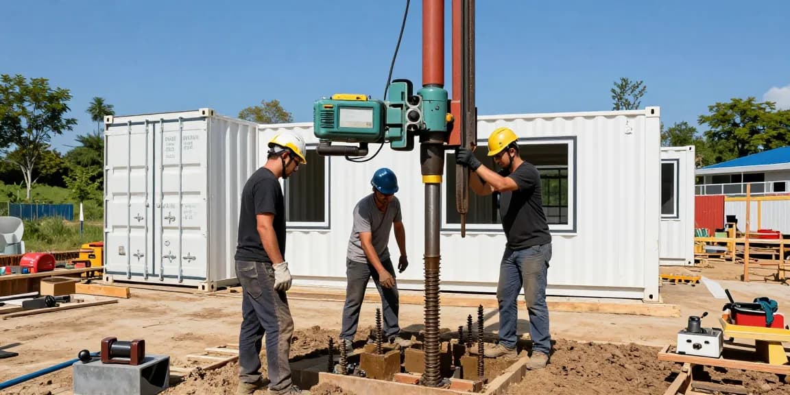 Installation eines Schraubfundaments für ein Containerhaus, modernes Bauumfeld mit Facharbeitern und Maschinen.