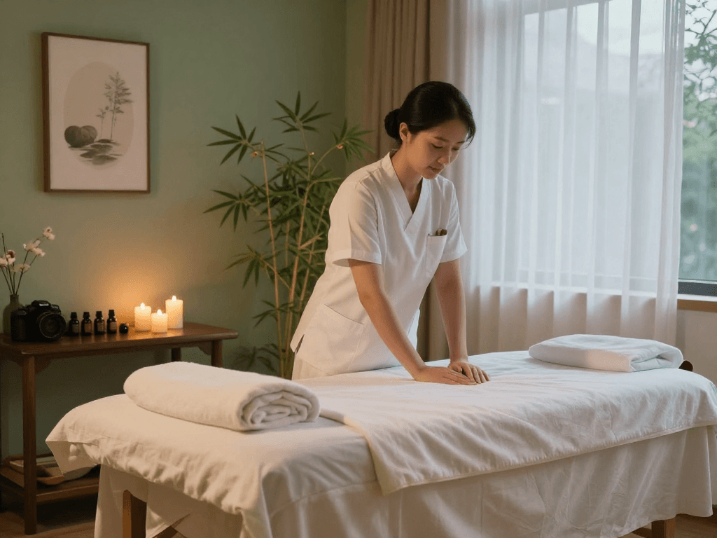 An inviting massage therapy room ready for 안양출장마사지, featuring soft lighting and serene decor for relaxation.
