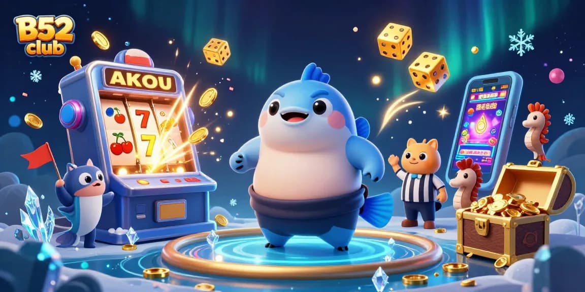 B52 club gambling scene with a blowfish in a sumo belt, slot machine, and vibrant casino elements.