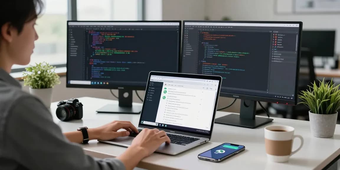 Professional using WhatsApp電腦版 on a laptop in a modern workspace with coding screens and coffee.