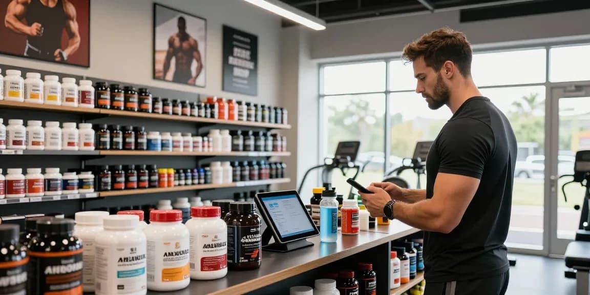 Anabolic products in a health-focused gym shop, Anabolika Shop displaying supplements and steroids for fitness enthusiasts.
