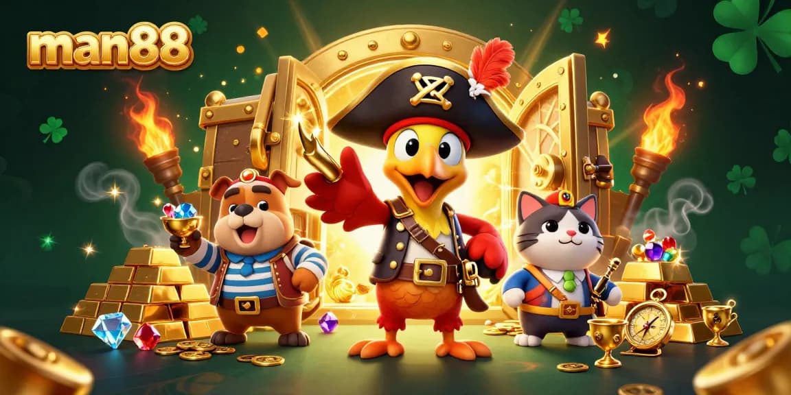 Experience the thrill with man88, featuring pirates and treasure in a vibrant casino illustration.