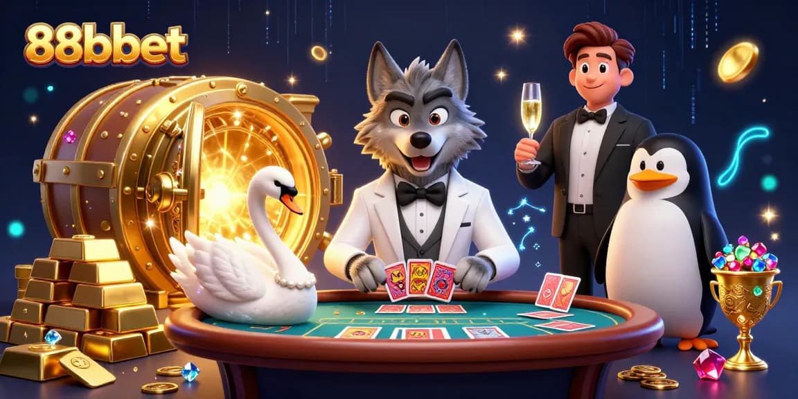 Engage with 88bbet’s vibrant casino scene featuring a debonair wolf at a baccarat table, luxurious cards, and exquisite drinks.