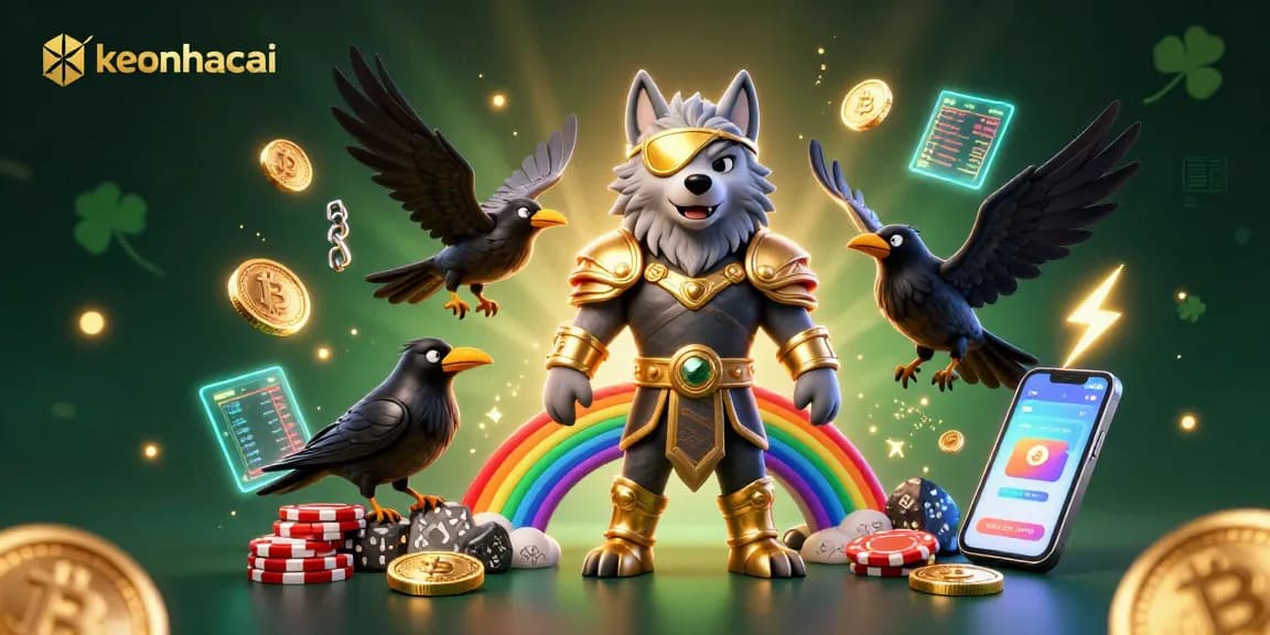 Experience keonhacai's thrilling gaming scene with Odin and glowing crypto elements in a vibrant 3D illustration.