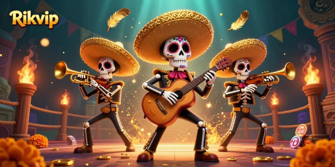 Engage in exciting gambling activities with Rikvip as colorful skeleton musicians enhance the casino atmosphere.