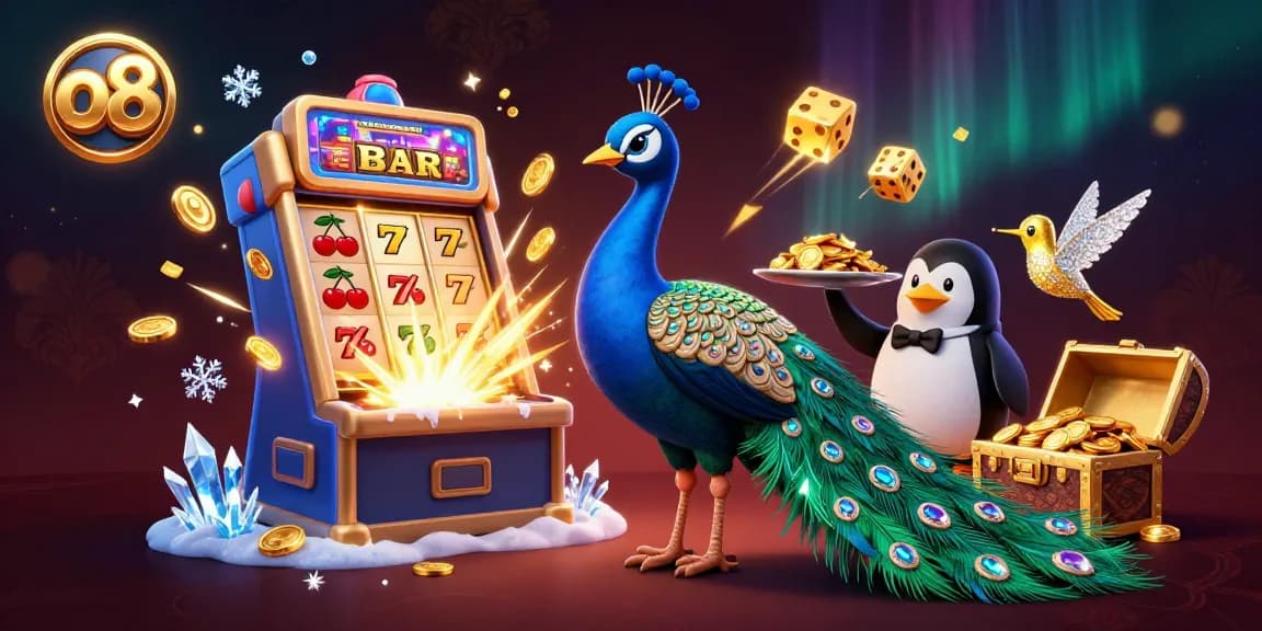 Play vibrant slots at o8 with a peacock and penguin amid a jackpot explosion!