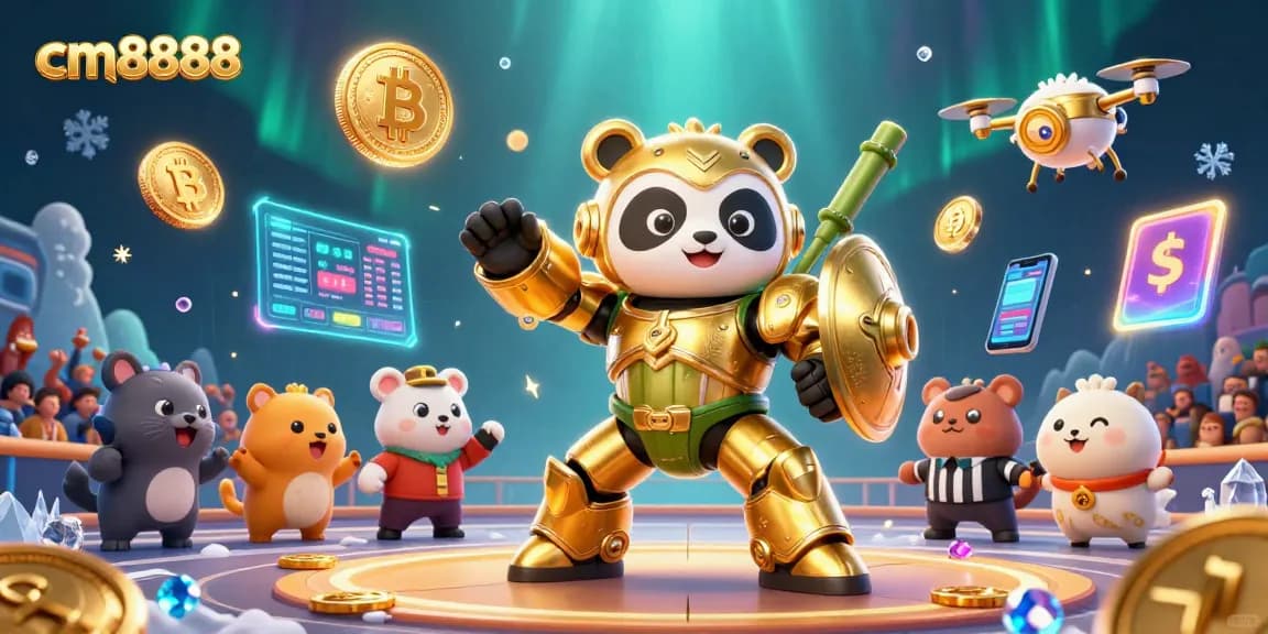 Experience dynamic action at cm8888's arena featuring a mech-suit panda and crypto elements.