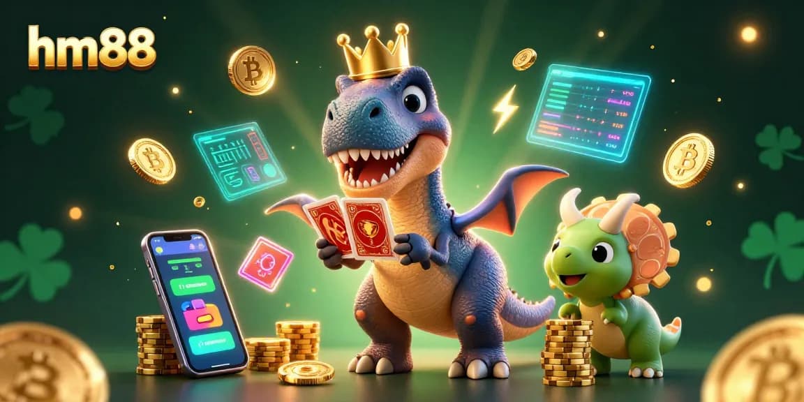 Engaging experience with hm88, featuring a friendly T-Rex shuffling cards and vibrant casino elements.