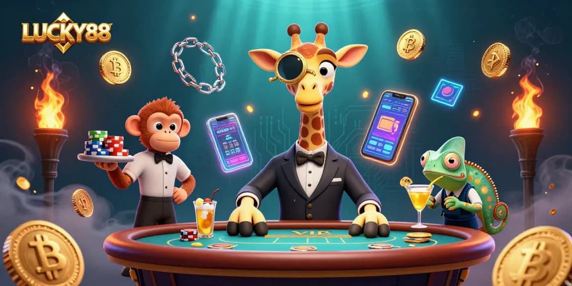 LUCKY88 energizes with a high-roller giraffe playing poker amidst vibrant crypto elements.
