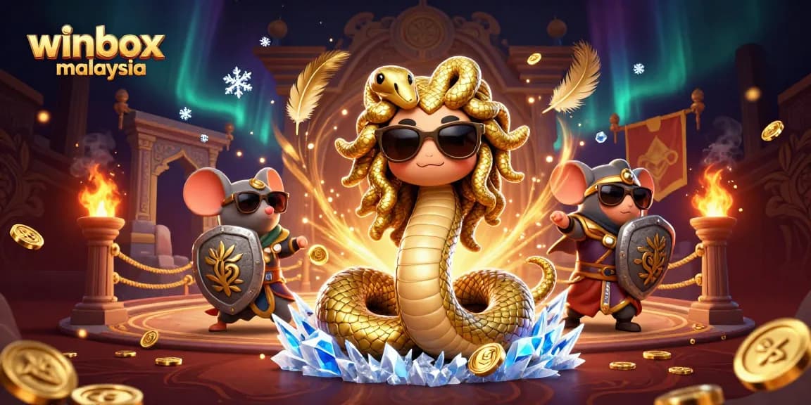 Engage with winbox malaysia's vibrant gaming world featuring a lively scene of Medusa, a warrior mouse, and casino elements.