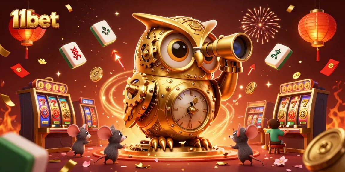 Experience the vibrant casino energy of 11bet with a golden owl surveying a thrilling gaming floor.