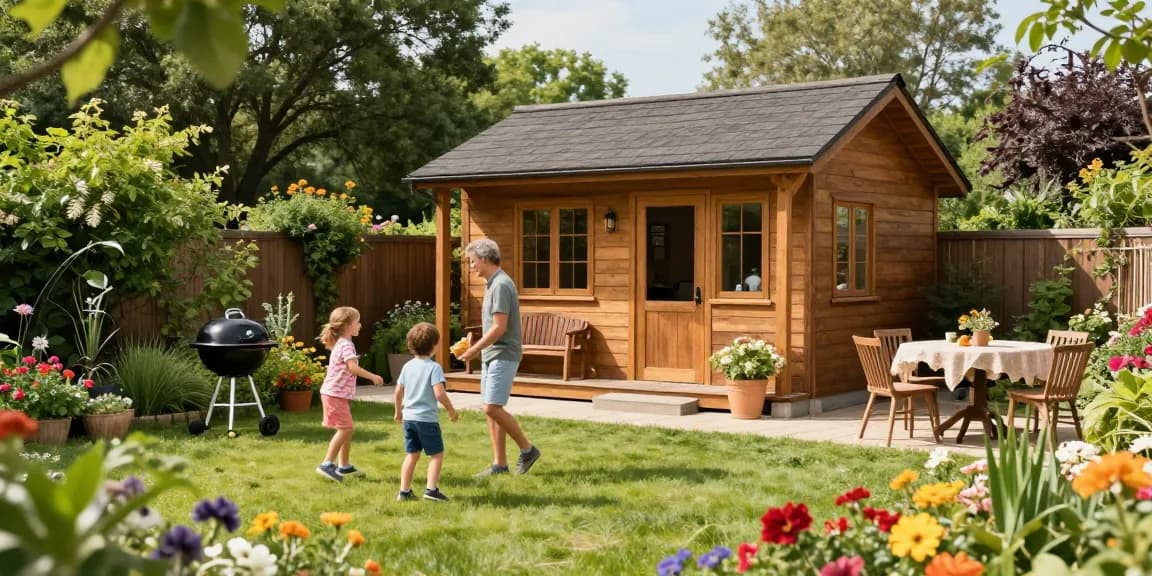 Wunderschönes Gartenhaus Holz in einer einladenden Landschaft mit spielenden Kindern und einer gemütlichen Atmosphäre
