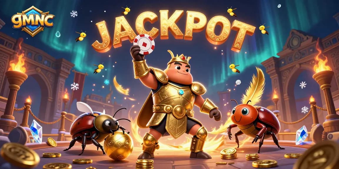 Experience the excitement of gmnc as a golden hercules beetle lifts a poker chip amidst vibrant casino elements.